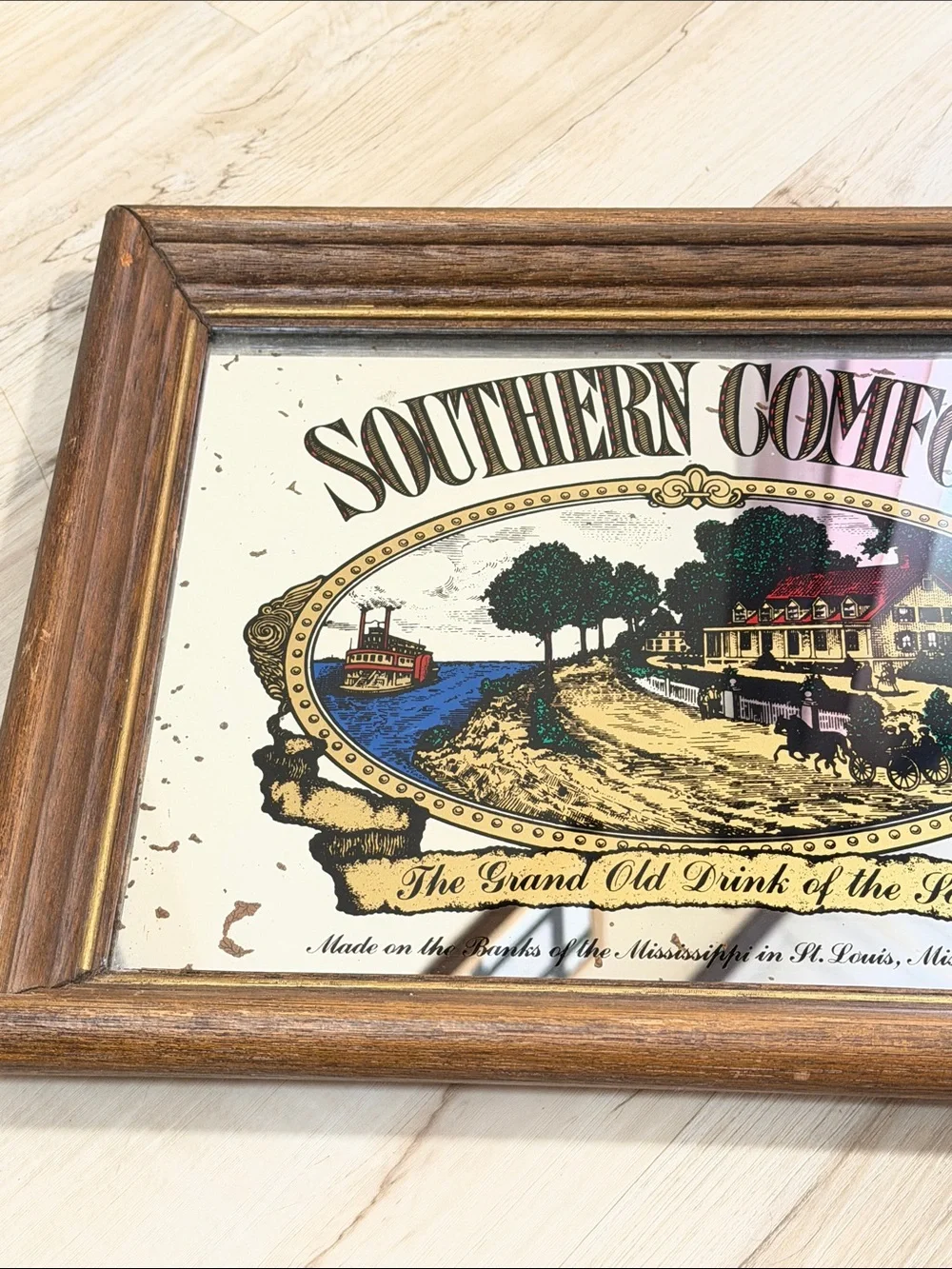 Southern Comfort Frame Advertising Mirror St. Louis Mississippi River Rustic Bar